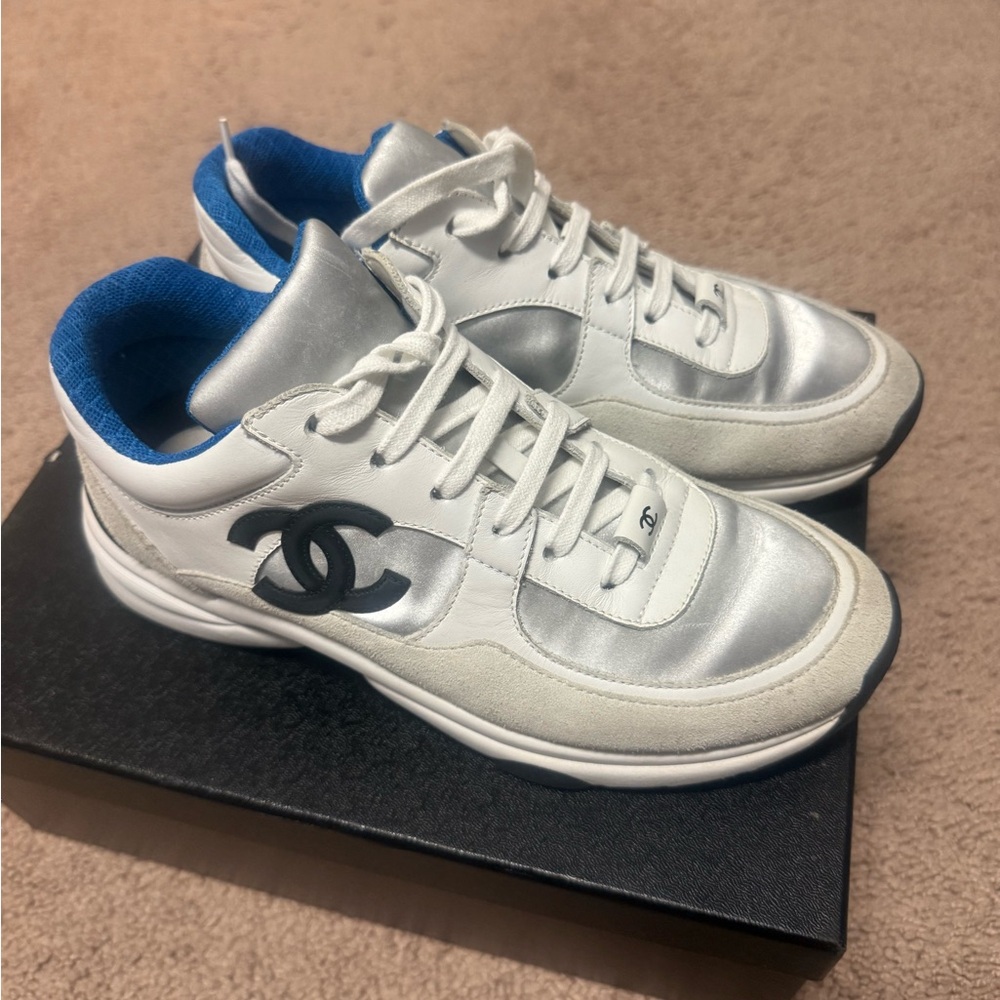 CHANEL White and Silver Sneakers with Blue Accents